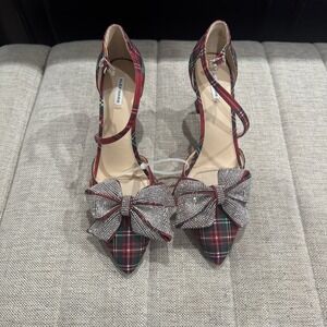 Alex‎ Marie Women's Pumps Size 8 Plaid Rhinestone Bow Ankle Strap Red Nwob